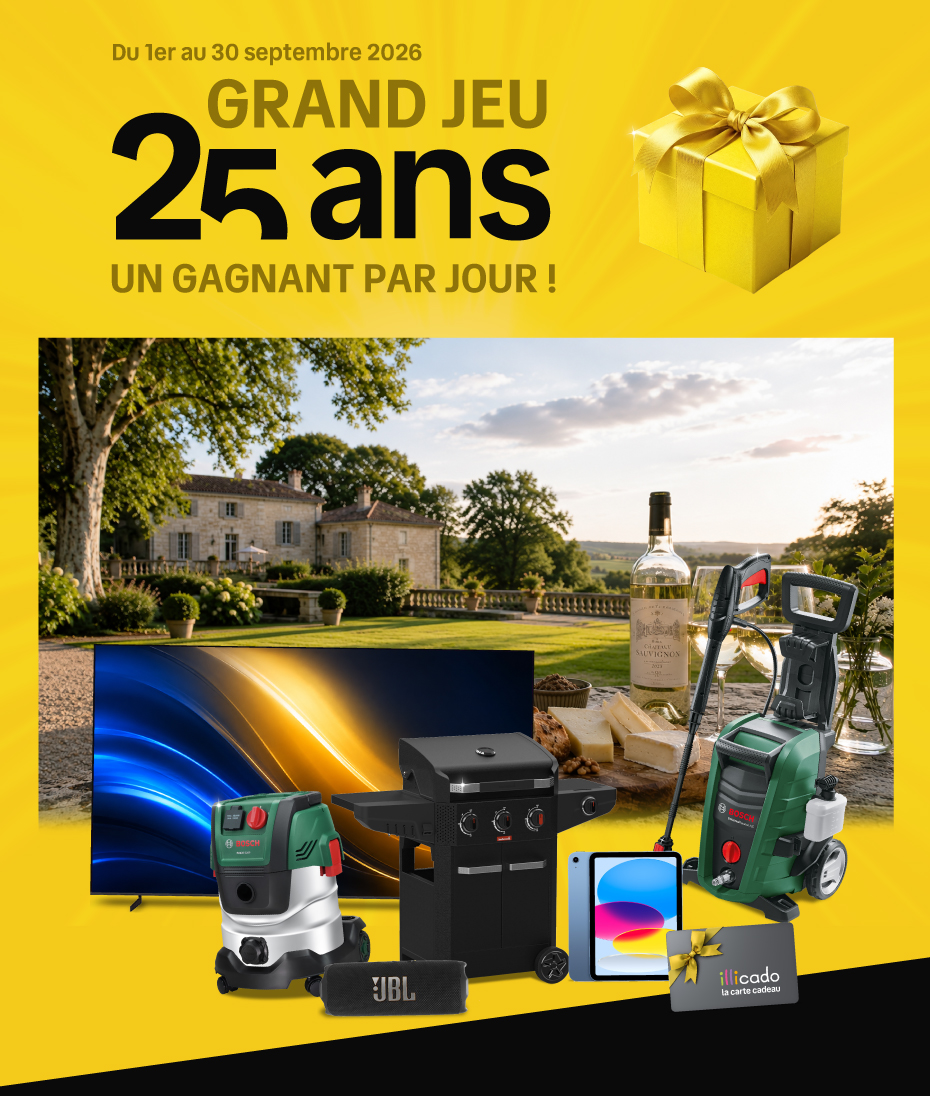 Du 1er au 30 septembre 2026 - Grand jeu 25 ans - Un gangnant par jour ! A gagner : 1 week-end Terroir et Saveurs, des téléviseurs QLED Samsung, des iPad, des barbecues à gaz Barbecook, des nettoyeurs haute pression Bosch, des aspirateurs universel Bosch, des enceintes bluetooth JBL et des cartes Illicado
